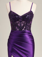 Trumpet/Mermaid Spaghetti Straps Sweep Train Satin Prom Dress With Sequins