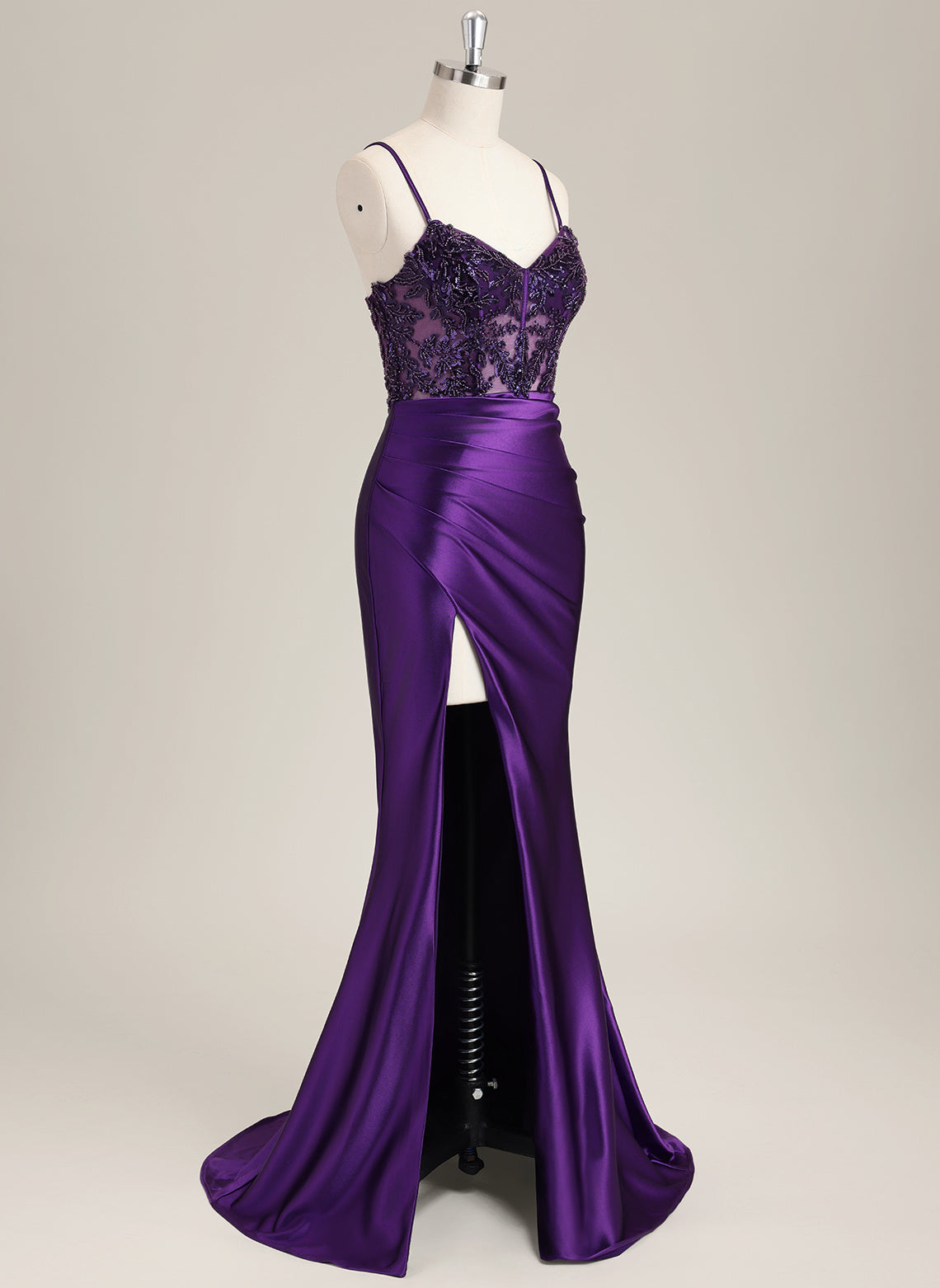 Trumpet/Mermaid Spaghetti Straps Sweep Train Satin Prom Dress With Sequins
