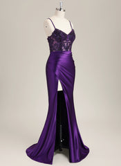 Trumpet/Mermaid Spaghetti Straps Sweep Train Satin Prom Dress With Sequins