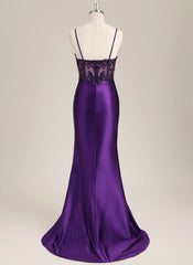 Trumpet/Mermaid Spaghetti Straps Sweep Train Satin Prom Dress With Sequins