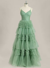 Ball-Gown/Princess Spaghetti Straps Floor-Length Tulle Prom Dress With Pleated