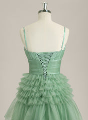 Ball-Gown/Princess Spaghetti Straps Floor-Length Tulle Prom Dress With Pleated