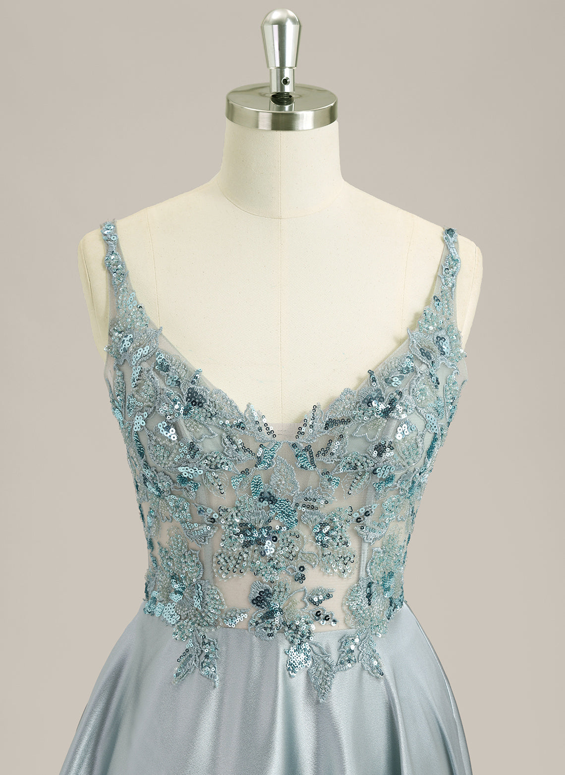 A-line Sleeveless Sweep Train Satin Prom Dress With Sequins
