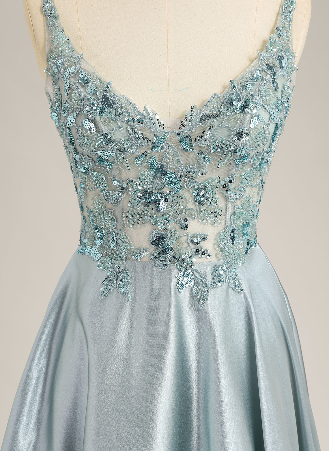 A-line Sleeveless Sweep Train Satin Prom Dress With Sequins