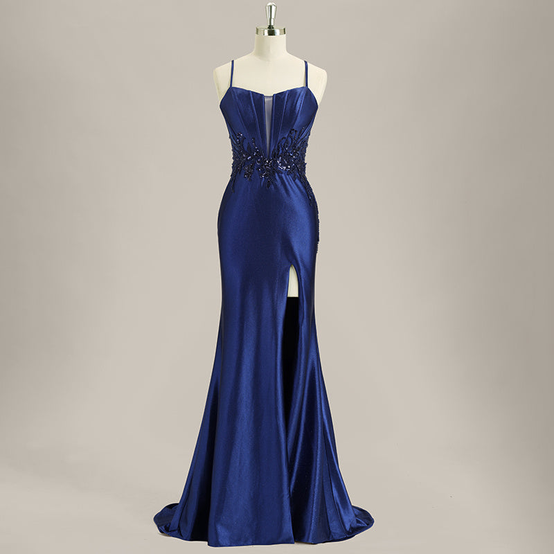 Trumpet/Mermaid Spaghetti Straps Sweep Train Satin Prom Dress With Sequins