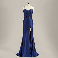 Trumpet/Mermaid Spaghetti Straps Sweep Train Satin Prom Dress With Sequins