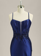 Trumpet/Mermaid Spaghetti Straps Sweep Train Satin Prom Dress With Sequins