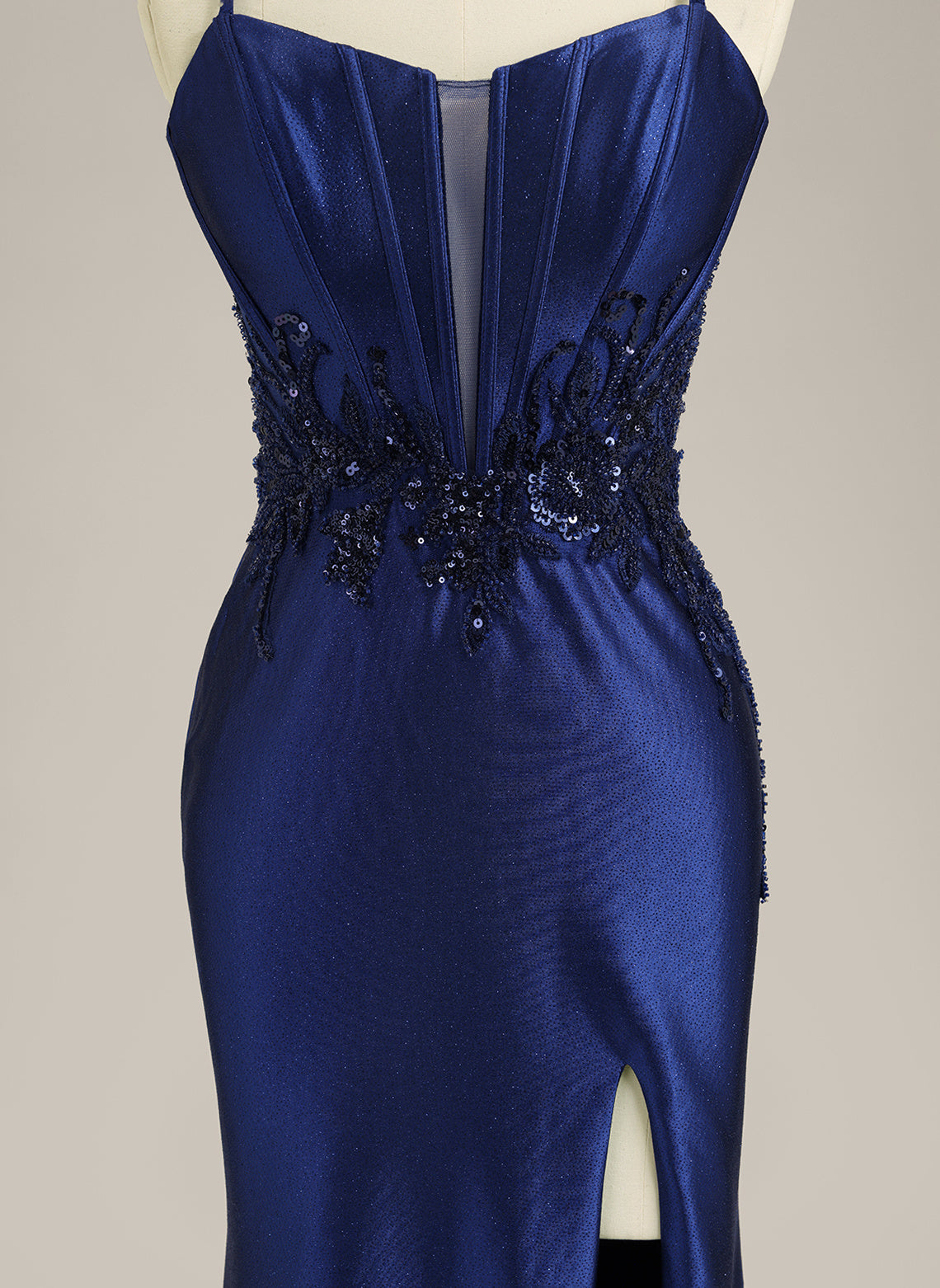 Trumpet/Mermaid Spaghetti Straps Sweep Train Satin Prom Dress With Sequins