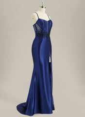Trumpet/Mermaid Spaghetti Straps Sweep Train Satin Prom Dress With Sequins