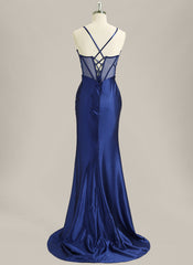 Trumpet/Mermaid Spaghetti Straps Sweep Train Satin Prom Dress With Sequins