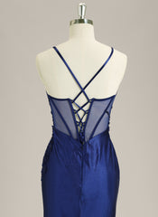 Trumpet/Mermaid Spaghetti Straps Sweep Train Satin Prom Dress With Sequins