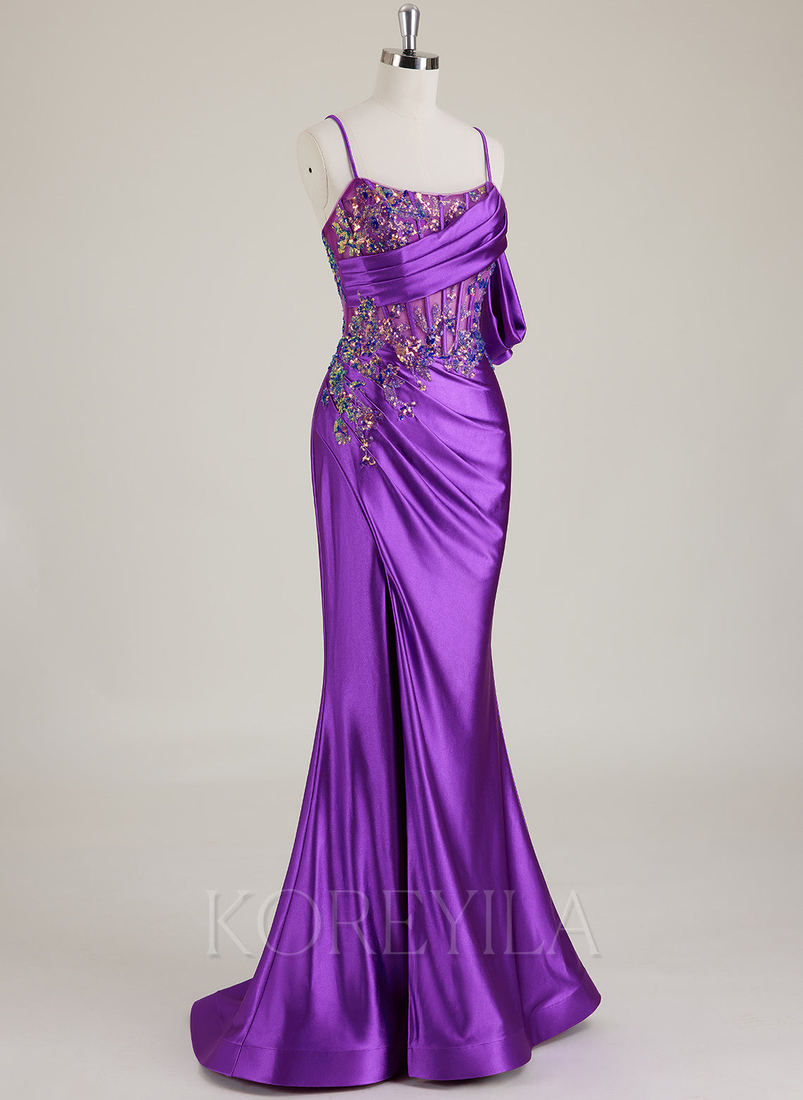Spaghetti Straps Scoop Corset Sequins Jersey Trumpet/Mermaid Maxi Dress With Leg Slit