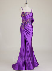 Spaghetti Straps Scoop Corset Sequins Jersey Trumpet/Mermaid Maxi Dress With Leg Slit