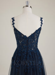 Spaghetti Straps V-Neck Sweet & Flow Rhinestone Tulle A-line Maxi Dress