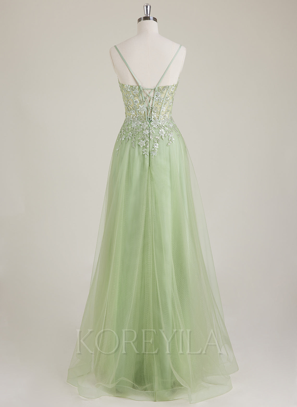 Spaghetti Straps V-Neck Embroidered Sequins Tulle A-line Maxi Dress