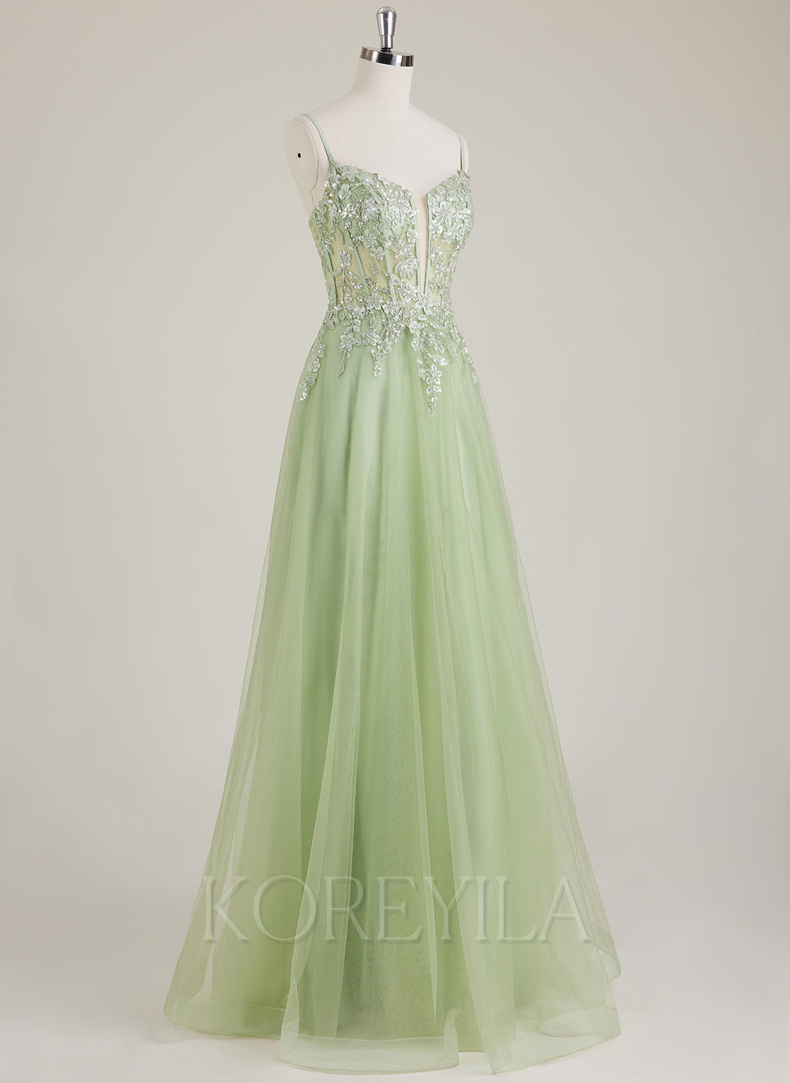 Spaghetti Straps V-Neck Embroidered Sequins Tulle A-line Maxi Dress