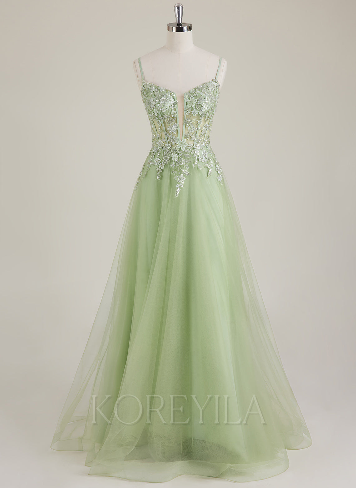 Spaghetti Straps V-Neck Embroidered Sequins Tulle A-line Maxi Dress