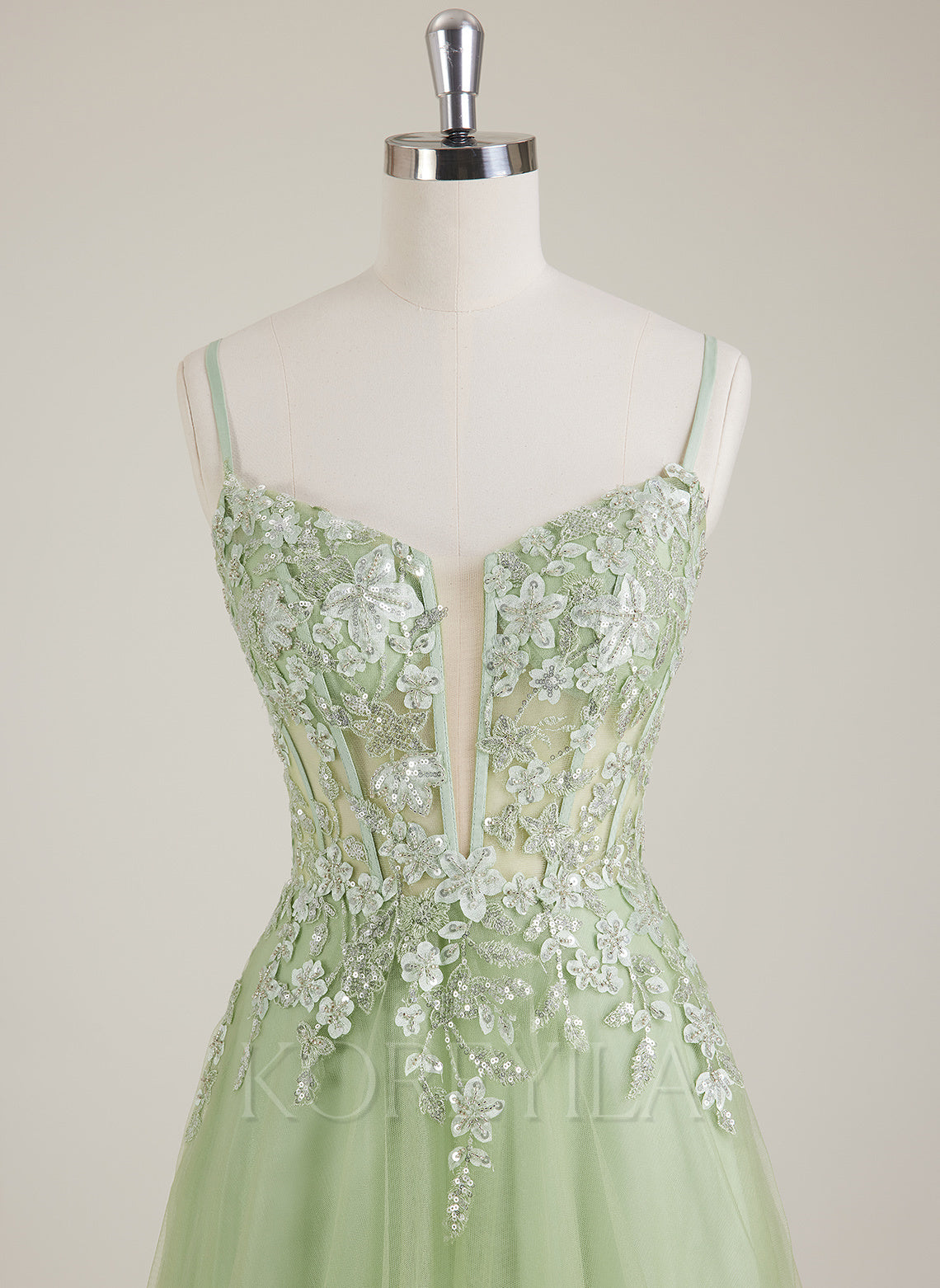 Spaghetti Straps V-Neck Embroidered Sequins Tulle A-line Maxi Dress