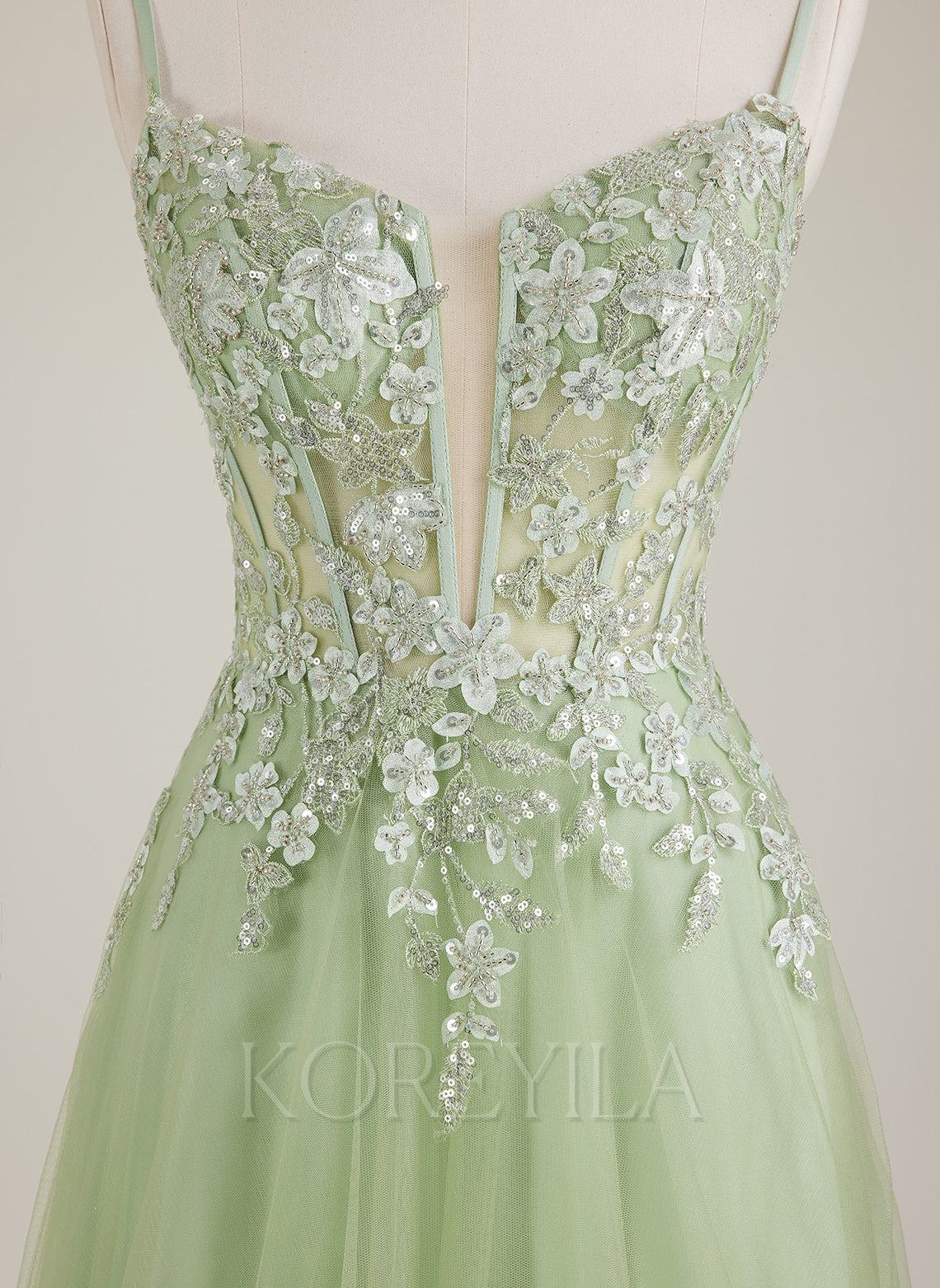 Spaghetti Straps V-Neck Embroidered Sequins Tulle A-line Maxi Dress