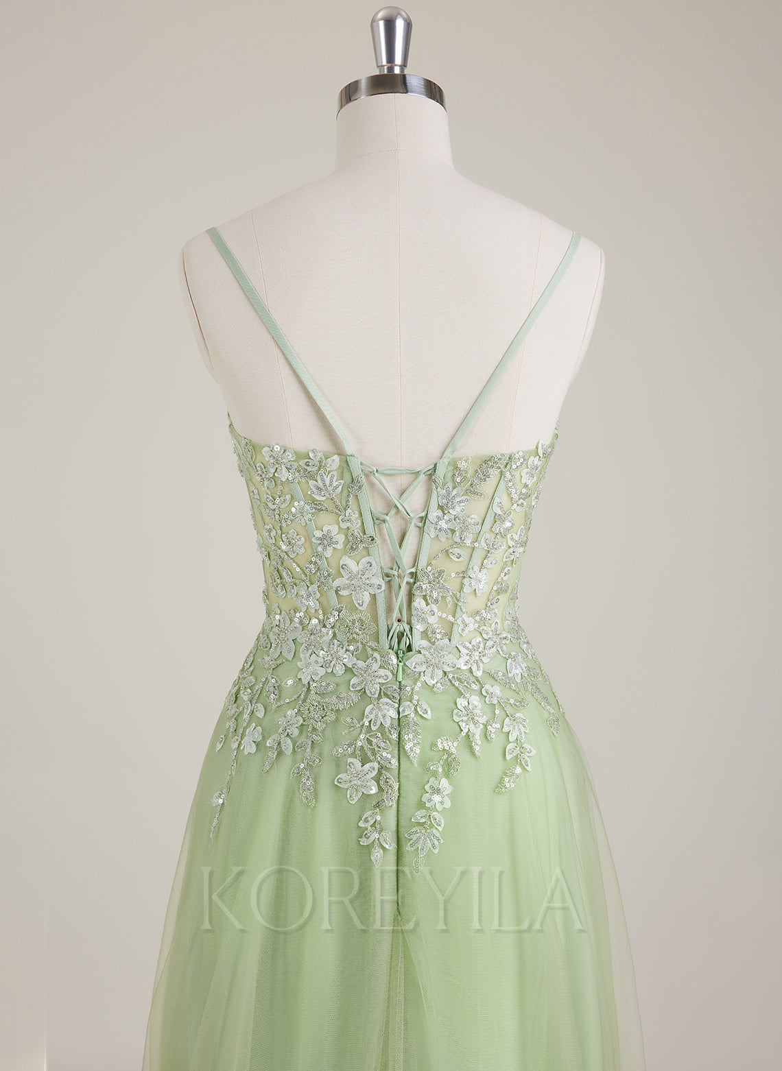 Spaghetti Straps V-Neck Embroidered Sequins Tulle A-line Maxi Dress
