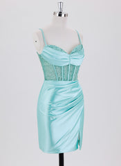 Sheath/Column Spaghetti Straps Short Satin Homecoming Dress With Beading