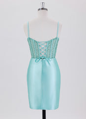 Sheath/Column Spaghetti Straps Short Satin Homecoming Dress With Beading