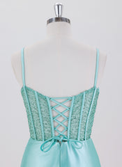 Sheath/Column Spaghetti Straps Short Satin Homecoming Dress With Beading