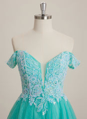 A-line V-Neck Short Tulle Mini Dress With Beading Sequins Appliques Lace