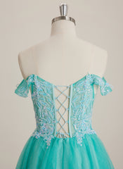 A-line V-Neck Short Tulle Mini Dress With Beading Sequins Appliques Lace
