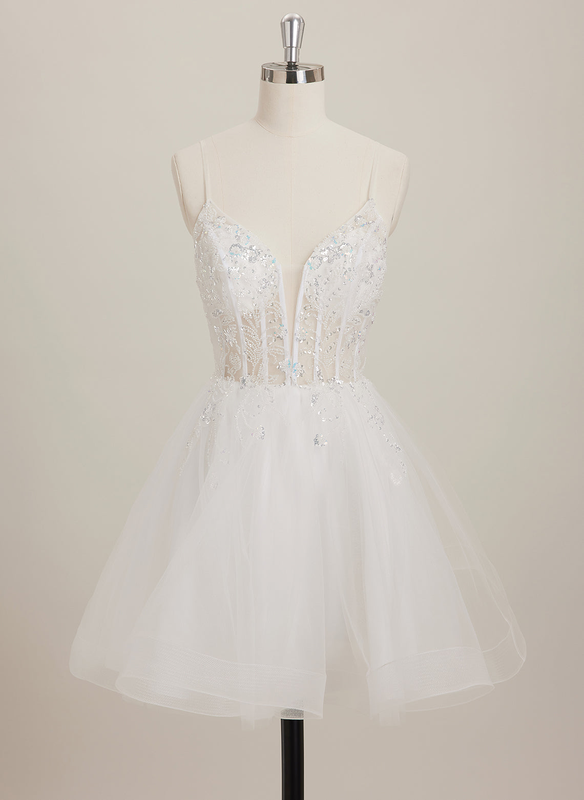 Ball-Gown/Princess V-Neck Short Tulle Mini Dress With Beading Sequins