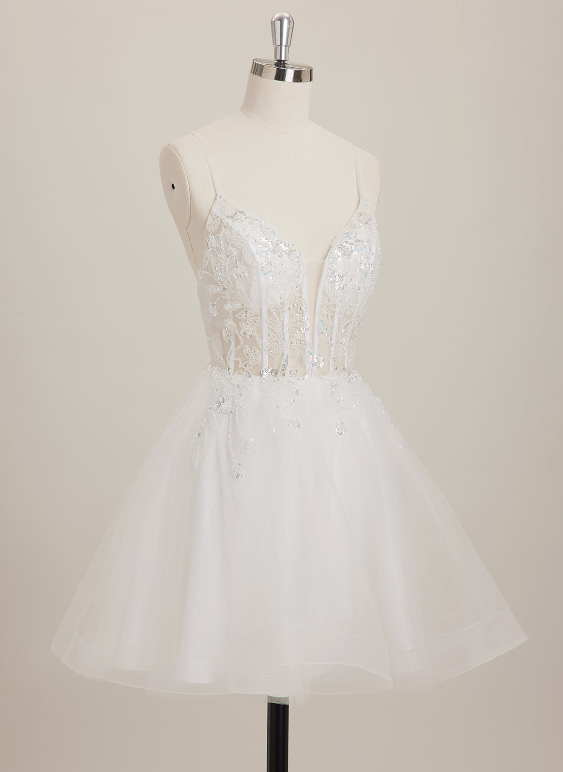 Ball-Gown/Princess V-Neck Short Tulle Mini Dress With Beading Sequins