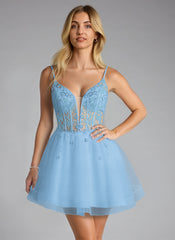 Ball-Gown/Princess V-Neck Short Tulle Mini Dress With Beading Sequins