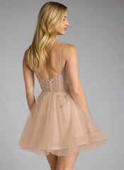 Ball-Gown/Princess V-Neck Short Tulle Mini Dress With Beading Sequins
