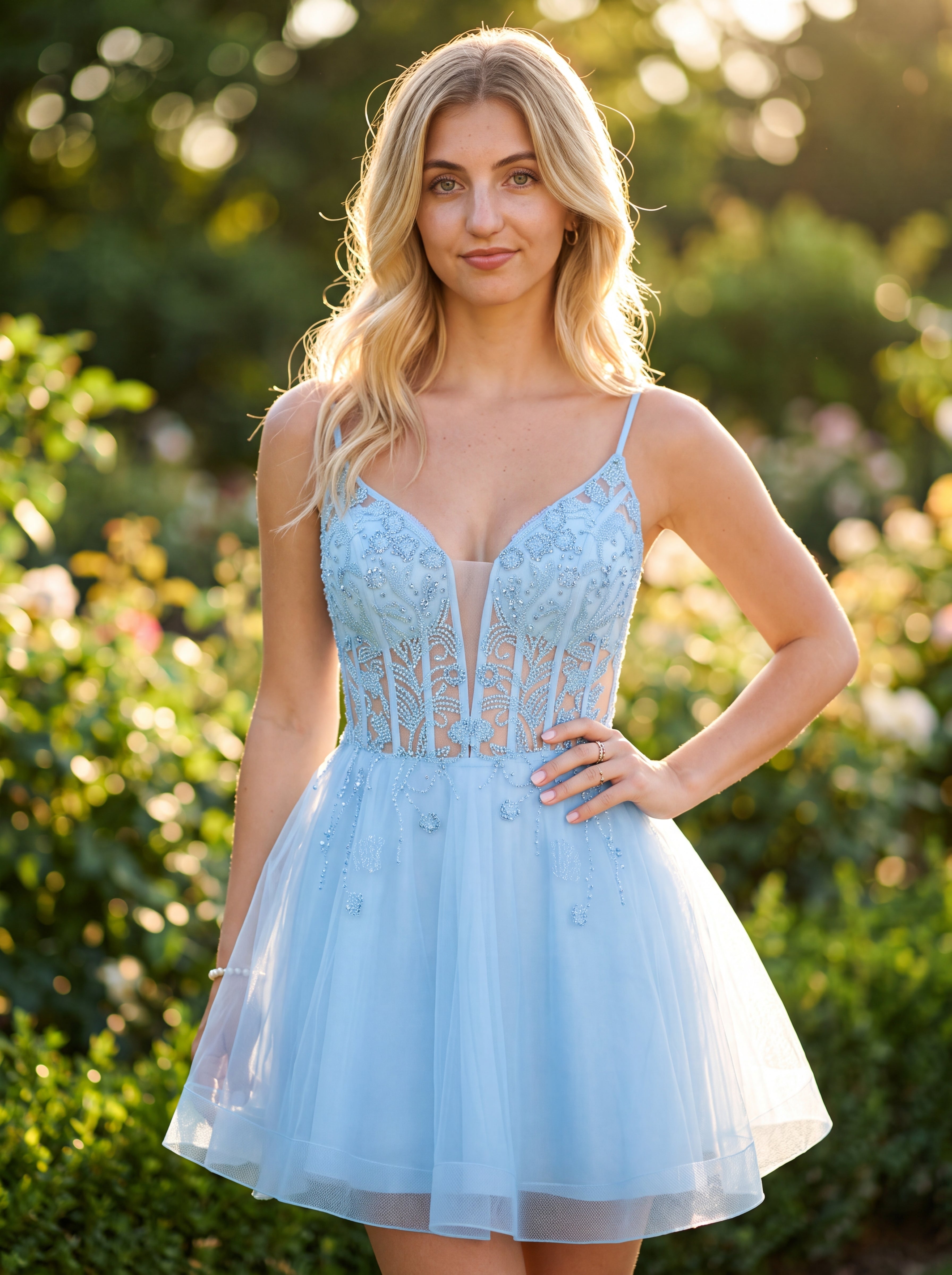 Ball-Gown/Princess V-Neck Short Tulle Mini Dress With Beading Sequins