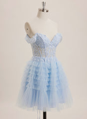 Ball-Gown/Princess Off the Shoulder Short Tulle Mini Dress With Sequins Appliques Lace