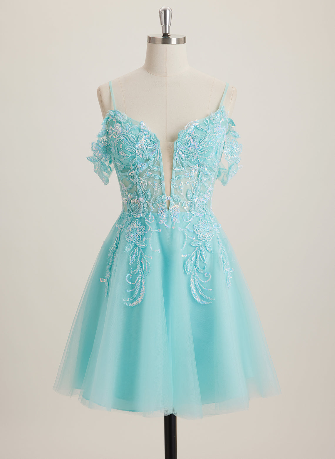 A-line Off the Shoulder Short Tulle Mini Dress With Beading Sequins