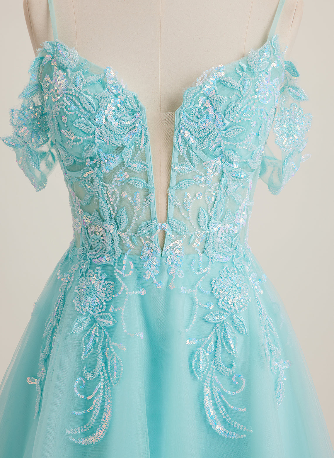 A-line Off the Shoulder Short Tulle Mini Dress With Beading Sequins