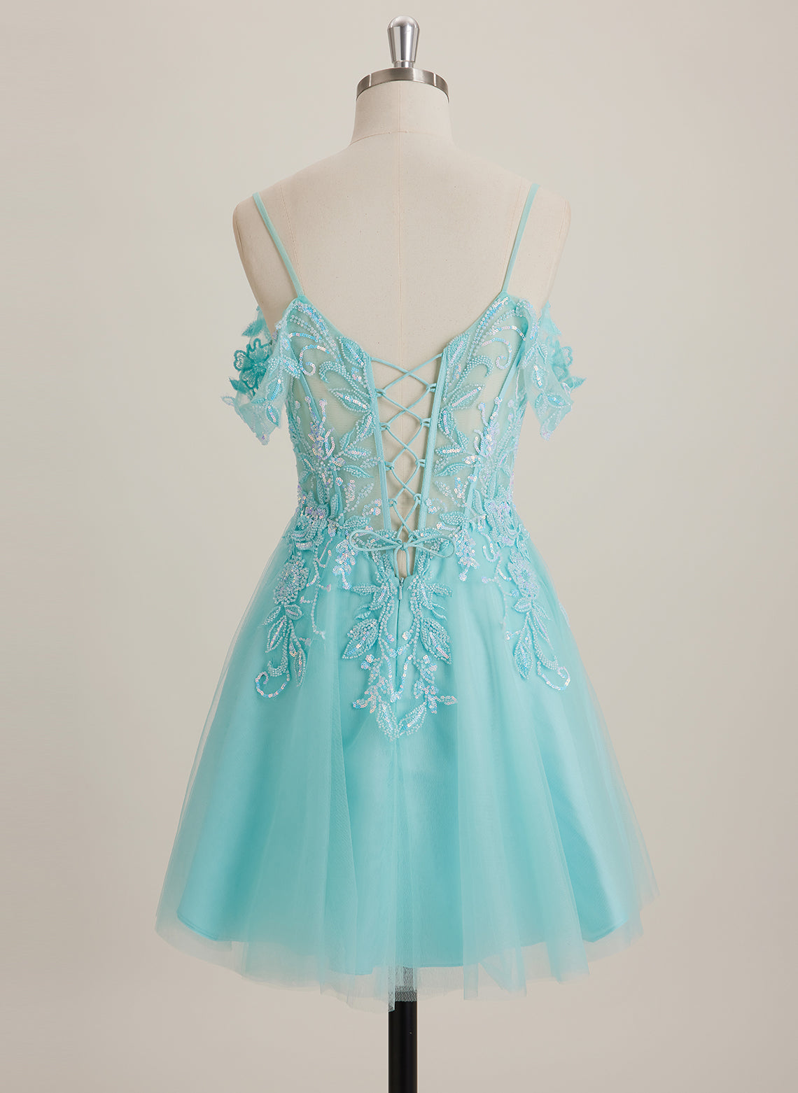 A-line Off the Shoulder Short Tulle Mini Dress With Beading Sequins