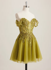 A-line Off the Shoulder Short Tulle Mini Dress With Beading Appliques Lace Sequins