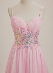 A-line V-Neck Sweep Train Chiffon Maxi Dresses With Sequins