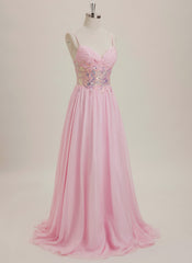 A-line V-Neck Sweep Train Chiffon Maxi Dresses With Sequins