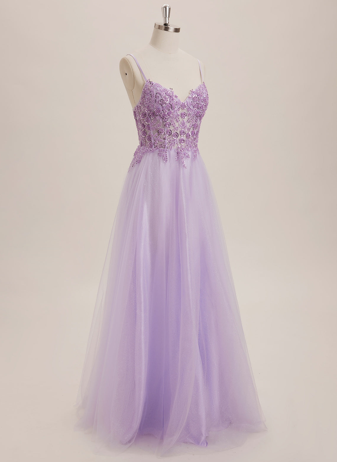 A-line V-Neck Floor-Length Tulle Maxi Dresses With Sequins