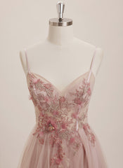 Ball-Gown/Princess V-Neck Sweep Train Tulle Maxi Dresses With Rhinestone Appliques Lace Sequins