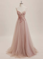 Ball-Gown/Princess V-Neck Sweep Train Tulle Maxi Dresses With Rhinestone Appliques Lace Sequins
