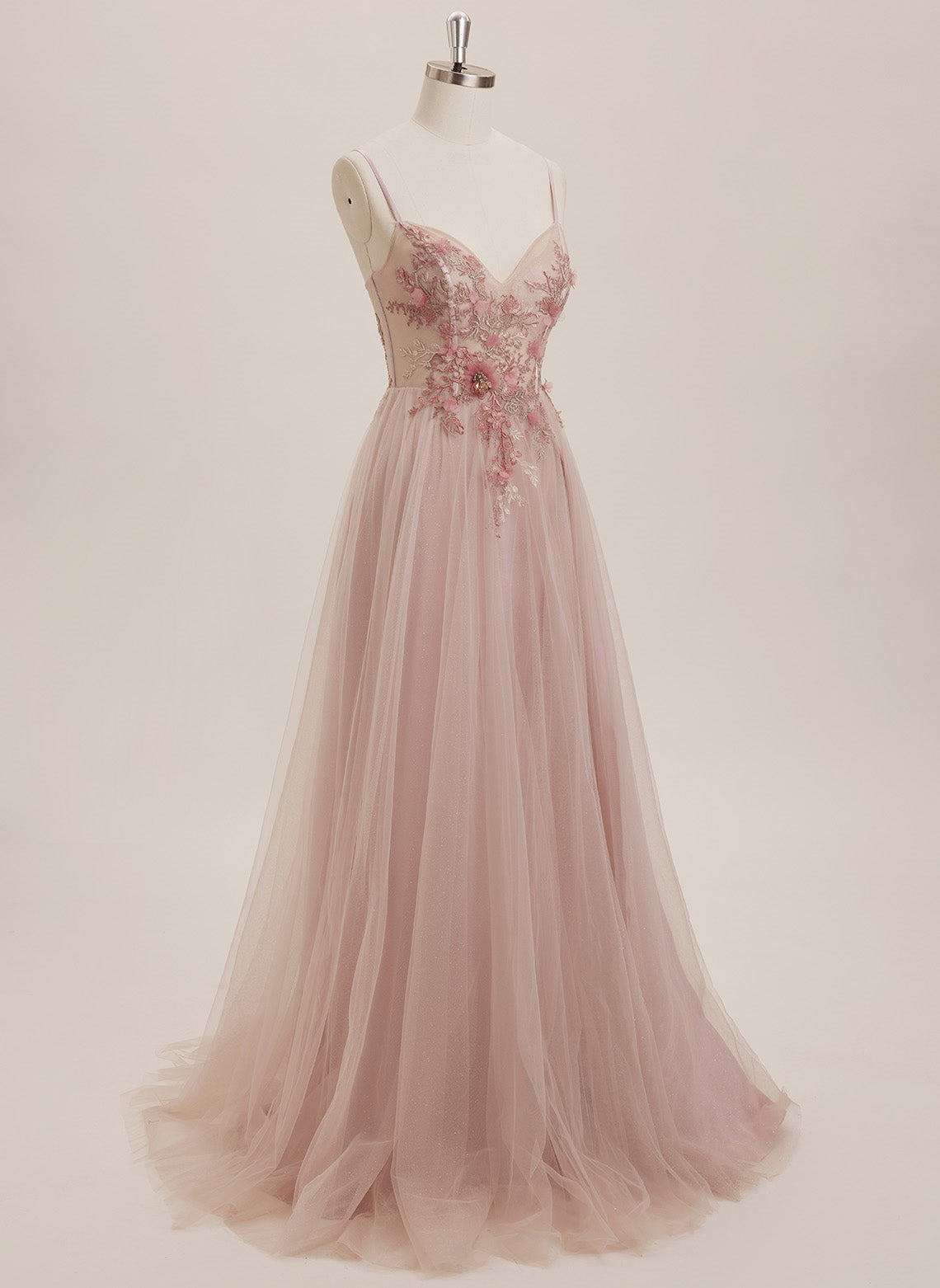Ball-Gown/Princess V-Neck Sweep Train Tulle Maxi Dresses With Rhinestone Appliques Lace Sequins