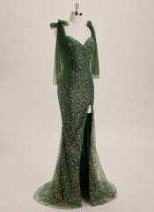 Trumpet/Mermaid V-Neck Sweep Train Sequin Maxi Dresses With Bow Sequins Beading