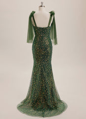 Trumpet/Mermaid V-Neck Sweep Train Sequin Maxi Dresses With Bow Sequins Beading