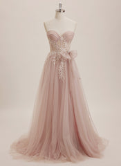 Ball-Gown/Princess Sweetheart Sweep Train Tulle Maxi Dresses With Bow Sequins Rhinestone