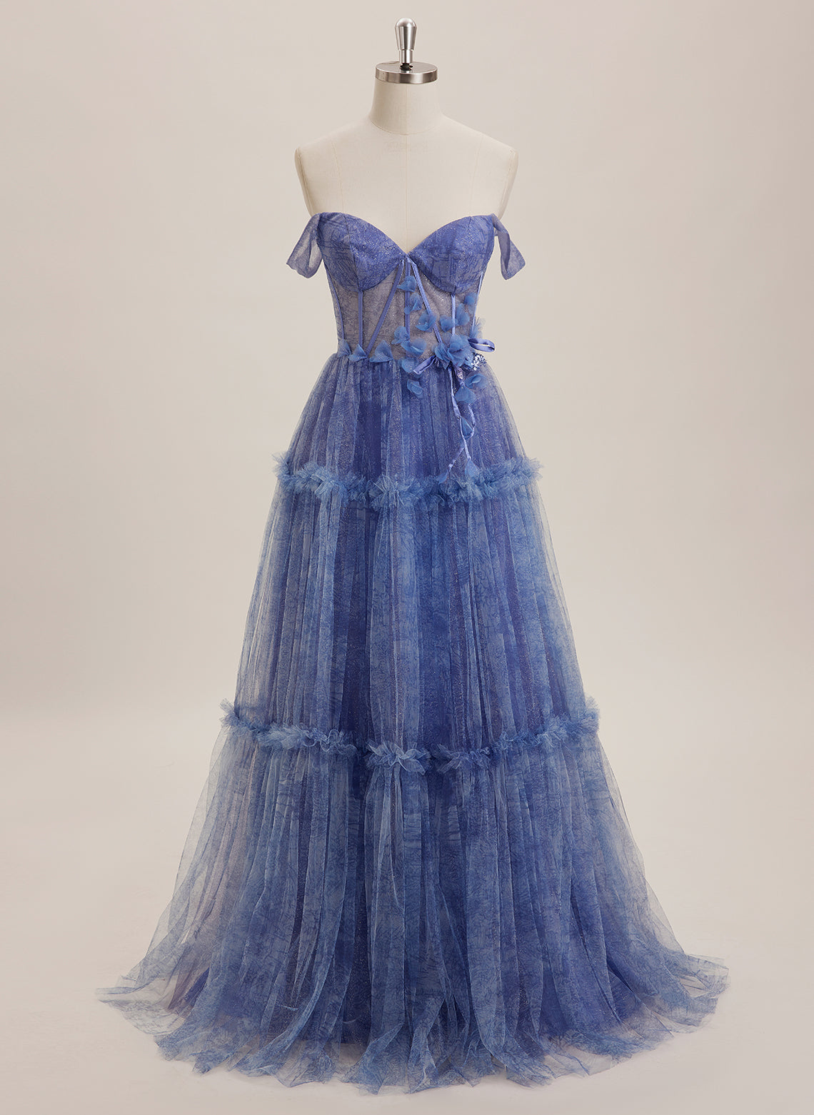 Ball-Gown/Princess V-Neck Sweep Train Tulle Maxi Dresses With Sequins 3D Floral
