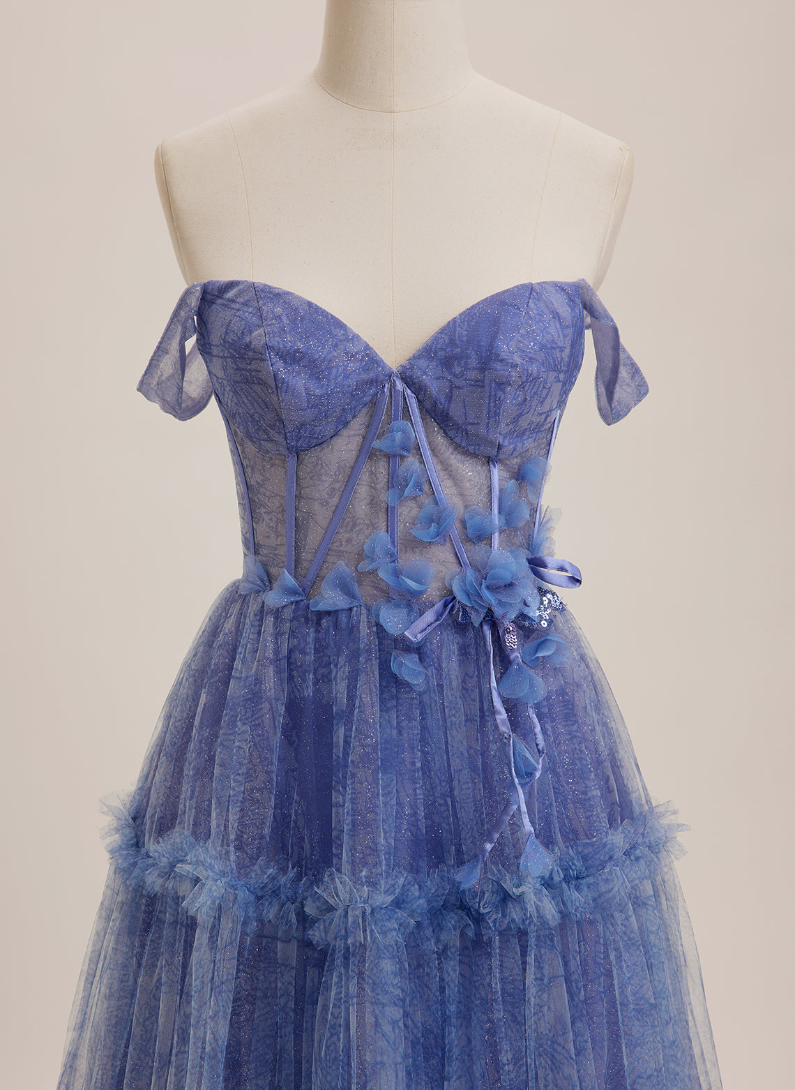 Ball-Gown/Princess V-Neck Sweep Train Tulle Maxi Dresses With Sequins 3D Floral